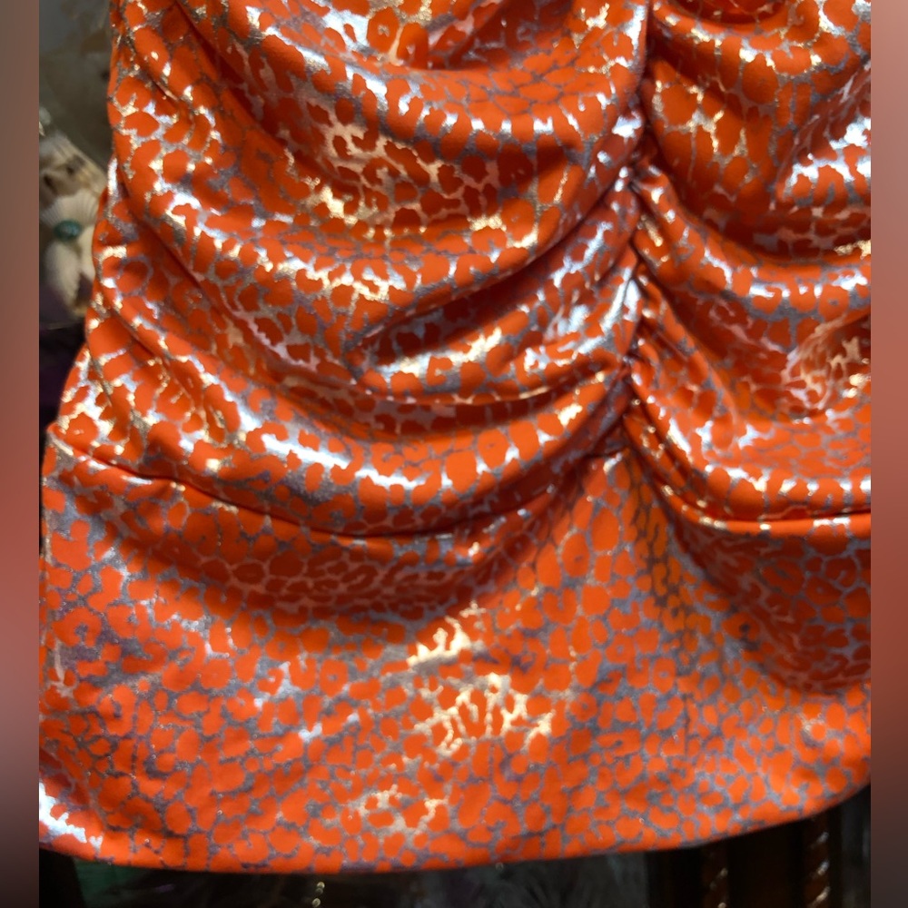 Orange and Silver Metallic Ruched Sleeveless Dress - Picture 5 of 13
